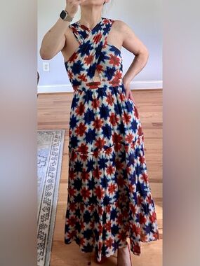 Banjanan Shibori Clamp Dye Harper Maxi Dress in Red & Blue Floral